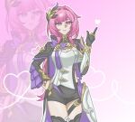  1girl black_gloves black_shorts blue_eyes breasts chinese_commentary cleavage commentary_request cowboy_shot elysia_(honkai_impact) elysia_(miss_pink_elf)_(honkai_impact) gloves grin hair_intakes hand_up haowuliao01435 heart heart_of_string highres honkai_(series) honkai_impact_3rd index_finger_raised long_hair parted_lips pink_background pink_hair shirt short_shorts shorts shrug_(clothing) single_glove smile standing thighs very_long_hair white_shirt zoom_layer 