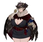  1girl animal_hands antenna_hair art_moira bags_under_eyes black_dress black_eyeshadow black_feathers book book_stack breasts brown_hair cape claws cleavage corruption_of_champions_2 dress earrings eyeshadow eyewear_strap feather_hair feathered_wings feathers game_asset hair_bun harpy holding holding_book huge_breasts jewelry lips lystra_(corruption_of_champions) makeup monster_girl neck_fur parted_lips pearl_earrings plump pointy_ears red_cape red_sash sash self-datamine semi-rimless_eyewear solo transparent_background under-rim_eyewear winged_arms wings yellow-framed_eyewear yellow_eyes 