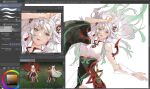  1girl arm_up art_program_in_frame closed_mouth commentary dress gradient_hair green_eyes hair_rings irelia_(league) japanese_clothes league_of_legends long_hair looking_at_viewer multicolored_hair mythmaker_irelia mzy_junior pelvic_curtain reference_inset single_wide_sleeve solo unfinished white_dress white_hair 
