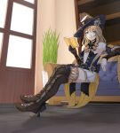  1girl absurdres blonde_hair blue_eyes blue_gem book boots brown_boots closed_mouth couch crossed_legs detached_sleeves drill_hair drill_sidelocks flower gem genshin_impact hat hat_feather hat_flower highres holding holding_book lace-trimmed_collar lace_trim looking_at_viewer navia_(genshin_impact) sidelocks sitting solo tetsuffy_(tetsulul) thigh_boots tricorne 