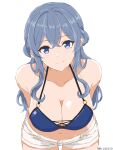  1girl bent_over bikini blue_bikini blue_eyes blue_hair breasts cleavage commentary_request cowboy_shot criss-cross_straps gotland_(kancolle) gotland_(swimsuit)_(kancolle) highres kantai_collection large_breasts leaning_forward long_hair mole mole_under_eye navel o-ring o-ring_bikini o-ring_top rusetsu short_shorts shorts simple_background smile solo swimsuit twitter_username white_background white_shorts 