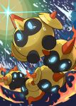  armor blue_eyes commentary_request falinks fire highres holding holding_shield horns neoruru_illust no_humans pokemon pokemon_(creature) pokemon_focus shield solo sphere_body spikes 