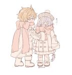  1boy 1girl 7n3n73 ahoge alternate_costume artist_name bandaged_leg bandages bandaid bandaid_on_knee bandaid_on_leg blue_eyes blush boots bow buttons chibi chibi_only child closed_mouth coin_hair_ornament covered_mouth empty_eyes fatui_coat frills from_behind full_body genshin_impact hair_between_eyes hair_ornament hair_ribbon hands_up hat highres jiangshi large_bow long_hair long_sleeves looking_at_another low-tied_long_hair ofuda ofuda_on_clothes orange_hair pants partially_colored pink_bow pink_scarf pom_pom_(clothes) purple_eyes purple_hair qingdai_guanmao qiqi_(genshin_impact) ribbon scarf shoes short_hair simple_background socks standing tartaglia_(genshin_impact) very_long_hair white_background wide_sleeves 