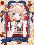  1girl :q blonde_hair blunt_bangs character_name commentary_request cookie food frilled_shirt frills gingham_shirt green_eyes hair_ornament hands_up highres holding holding_cookie holding_food indie_virtual_youtuber official_alternate_costume pom_pom_(clothes) pom_pom_hair_ornament red_shirt shigure_ui shigure_ui_(masterpiece)_(vtuber) shigure_ui_(vtuber) shirt short_hair solo tongue tongue_out upper_body virtual_youtuber wrist_cuffs 
