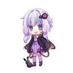  1girl :d animal_hood black_jacket black_rabbit_(animal) black_shoes blush chibi chibi_only commentary_request dress full_body hair_ornament headset hood hood_down hooded_jacket jacket long_hair long_sleeves looking_at_viewer nounonovember open_clothes open_jacket open_mouth puffy_long_sleeves puffy_sleeves purple_dress purple_eyes purple_hair purple_thighhighs rabbit_hood shoes short_hair_with_long_locks simple_background smile solo teeth thighhighs upper_teeth_only vocaloid voiceroid white_background yuzuki_yukari 