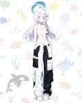  1girl absurdres alternate_costume animal_background arm_strap baggy_pants black_pants blue_archive blue_eyes blue_halo blue_ribbon breasts cargo_pants cleavage_cutout clothing_cutout colored_eyelashes commentary detached_collar dolphin_hair_ornament full_body gradient_eyes green_eyes hair_between_eyes hair_ornament halo hands_in_pockets highleg highleg_leotard highres leotard leotard_under_clothes long_hair long_single_sidelock looking_at_viewer multicolored_eyes navel ni_ketsu one-piece_swimsuit orca_hair_ornament pants ribbon sayuri_(blue_archive) shoes small_breasts solo standing stomach stomach_cutout swimsuit two-tone_pants white_eyelashes white_hair white_leotard white_one-piece_swimsuit white_pants white_shoes x_hair_ornament 
