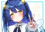  1girl ahoge amamiya_kokoro amamiya_kokoro_(1st_costume) bell blue_hair blush closed_mouth commentary fang hair_bell hair_between_eyes hair_ornament hair_ribbon highres jingle_bell looking_at_viewer neck_bell nijisanji nyuyosuke portrait ribbon simple_background skin_fang solo sparkle stitched two_side_up untranslatable_commentary v virtual_youtuber white_background x_hair_ornament yellow_eyes 
