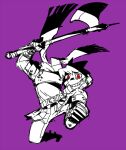  1boy arm_up armor axe belt breastplate commentary_request full_body gloves grin holding holding_axe holding_detached_head jumping male_focus motimamire purple_background red_eyes scarf sekaiju_no_meikyuu sekaiju_no_meikyuu_1 short_hair simple_background sketch smile solo swordsman_(sekaiju) swordsman_1_(sekaiju) 