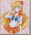  1girl aino_minako bishoujo_senshi_sailor_moon blonde_hair blue_bow blue_bowtie blue_eyes blush bow bowtie chikoto_(kztc4472) choker circlet commentary_request earrings gloves hair_bow heart heart_background highres jewelry leotard long_hair looking_at_viewer magical_girl orange_choker orange_sailor_collar orange_skirt pleated_skirt red_bow sailor_collar sailor_venus skirt solo star_(symbol) star_choker traditional_media white_gloves white_leotard 
