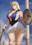  1girl absurdres ahoge blue_eyes breasts cleavage closed_mouth eyebrows_hidden_by_hair highres holding holding_shield holding_sword holding_weapon large_breasts laurels long_hair looking_at_viewer panties pantyshot shield sisqueira skirt smile solo sophitia_alexandra soulcalibur sword underwear weapon white_panties white_skirt 