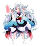  1girl absurdres black_sash blue_kimono edomura_niniko full_body gradient_clothes gradient_kimono hands_up highres horns japanese_clothes kimono long_hair long_sleeves looking_at_viewer nhk_(voiceroid) no_shoes obi official_art orange_eyes parted_bangs parted_lips ponytail psd_available sash simple_background socks solo standing tabi touhoku_itako transparent_background very_long_hair voiceroid white_hair white_horns white_kimono white_socks wide_sleeves 