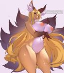  accessory anthro big_breasts biped blonde_hair breast_grab breast_play breasts canid canine clothing female fluffy fluffy_ears fluffy_hair fluffy_tail fox fur fur_markings genitals grey_background hair half-closed_eyes hand_on_breast hi_res latex_stockings legwear long_hair long_tail mammal markings multicolored_body multicolored_ears multicolored_fur narrowed_eyes nipples nude peach_pussy pink_nipples pinup pose presenting presenting_breasts presenting_pussy pussy rubber simple_background smile solo sonechkachizhikov_(artist) standing stockings white_body white_fur wide_hips yellow_body yellow_eyes yellow_fur 