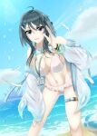  1girl absurdres ahoge arknights bare_shoulders belt bikini bird bird_girl black_hair blue_hair blue_jacket blush bracelet breasts buckle cleavage cloud cloudy_sky commentary_request engawa_(organic_sushi) falling_feathers feather_hair feathers frilled_bikini frills goggles goggles_around_neck grey_eyes hair_between_eyes hair_ornament hairclip highres id_card infection_monitor_(arknights) jacket jewelry la_pluma_(arknights) la_pluma_(summer_flowers)_(arknights) large_breasts long_hair looking_at_viewer ocean official_alternate_costume open_clothes open_jacket open_mouth outdoors sky smile snap-fit_buckle solo swim_goggles swimsuit thigh_belt thigh_strap two-sided_fabric two-sided_jacket whistle whistle_around_neck white_bikini white_jacket 