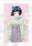  1girl black_hair blue_bow border bow bubble commentary_request duck_print feet_out_of_frame floral_print floral_print_kimono green_kimono grey_eyes hair_bow hakama hakama_skirt hands_up highres japanese_clothes kimono light_blush long_sleeves original painting_(medium) pink_background pink_sash print_kimono purple_hakama sash short_hair signature skirt smile solo star_(symbol) star_print traditional_media uryan! watercolor_(medium) white_border 
