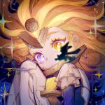 2girls blonde_hair bracelet capelet child hair_ornament heterochromia highres jewelry knees_up league_of_legends long_hair looking_at_another multiple_girls official_alternate_costume prestige_eternal_aspect_zoe purple_eyes star_(symbol) thighhighs vex_(league) yellow_eyes zoe_(league) ztdlb 
