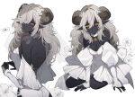  1girl absurdres animal_ears arm_support back_bow backless_dress backless_outfit bare_shoulders bell black_skin bow breasts brown_horns call_of_cthulhu cleavage closed_mouth colored_skin commentary_request cowboy_shot curled_horns detached_sleeves dress feet_out_of_frame floral_background flower frown grey_hair hair_between_eyes hair_flower hair_ornament hair_over_one_eye hands_on_ground highres horizontal_pupils horns juliet_sleeves long_hair long_sleeves looking_at_viewer looking_back medium_breasts mugimeshi_(midorimugi008) multiple_views my_dear_"h" nail_polish neck_bell parted_lips pleated_dress puffy_sleeves see-through_clothes see-through_veil sheep_ears sheep_girl sheep_horns short_dress side_slit sitting strapless strapless_dress veil white_background white_bow white_dress white_flower white_nails yellow_eyes yokozuwari 