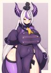  1girl absurdres animal animal_on_head bird black_horns black_panties breasts coat crow_(la+_darknesss) curvy demon_girl demon_horns english_commentary highres hololive horns la+_darknesss large_breasts lavender_background long_hair long_sleeves multicolored_hair older on_head orange_eyes outside_border panties purple_coat purple_hair purple_legwear silver_hair single_thighhigh smile streaked_hair striped_horns tailzkim thick_thighs thighhighs thighs underwear very_long_hair 