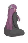 1girl ass black_dress blunt_ends commentary_request dress facing_away fern_(sousou_no_frieren) hair_ornament highres kaneko_ryou long_hair purple_hair sitting sousou_no_frieren thick_thighs thighs very_long_hair white_background wide_hips 