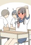  >:) 1girl 2boys ? ^^^ blue_sailor_collar blue_skirt blush brown_background brown_hair chair closed_mouth collared_shirt commentary_request desk dress_shirt full-face_blush grey_hair grey_pants hair_over_shoulder juukyuu long_hair low_twintails multiple_boys neckerchief on_chair original pants pink_neckerchief pleated_skirt profile sailor_collar school_chair school_desk school_uniform serafuku shirt short_sleeves sitting sitting_backwards skirt small_sweatdrop smile solid_circle_eyes sweat twintails two-tone_background v-shaped_eyebrows white_background white_shirt 