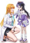  2girls aged_down bag belt_collar black_hair black_skirt blush breasts bursting_breasts button_gap chest_strap closed_eyes collar collared_shirt commentary_request dress earrings goddess_of_victory:_nikke headpat highres id_card iridescent_clothes jacket jacket_partially_removed jewelry lab_coat lanyard large_breasts long_hair looking_at_another maxwell_(nikke) maxwell_(ordinary_mechanic)_(chief_researcher)_(nikke) multicolored_hair multiple_girls office_lady official_alternate_costume official_alternate_hairstyle on_one_knee orange_hair pencil_skirt purple_hair purple_ribbon purple_shoes purple_streaks ribbon shirt shoes shoulder_bag side_slit sidelocks skirt smile socks streaked_hair stuffed_animal stuffed_rabbit stuffed_toy syuen_(nikke) syuen_(young)_(nikke) teeth thigh_strap thighs two_side_up upper_teeth_only white_background white_shirt white_socks yukinoshin_f 