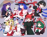  168namu3 6+girls ajirogasa animal_ears ascot asymmetrical_wings bat_wings bead_necklace beads black_dress black_hair black_hat blonde_hair blue_hair blue_wings bow bowtie brown_eyes brown_hat cat_ears cat_girl cat_tail center_frills chibi chibi_inset commentary_request crystal_wings dress fang flandre_scarlet frills front_ponytail green_eyes green_hair grey_background hat hat_bow highres hijiri_byakuren holding_hands houjuu_nue index_finger_raised interlocked_fingers jewelry kaenbyou_rin kagiyama_hina mob_cap multiple_girls multiple_tails mystia_lorelei nagae_iku necklace one_eye_closed open_mouth pointy_ears purple_hair red_ascot red_bow red_bowtie red_eyes red_wings remilia_scarlet short_hair short_sleeves simple_background skin_fang tail tongue tongue_out touhou touhou_22nd_popularity_poll two_tails upper_body white_hat wings 