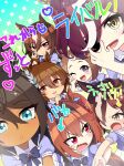  6+girls :o absurdres agnes_tachyon_(umamusume) ahoge animal_ears aqua_background arguing arrow_(symbol) artist_request bare_arms blue_bow blue_bowtie blue_eyes blue_scrunchie blue_shirt bow bowtie brooch brown_hair card_commentary chibi commentary crossed_bangs curious daiwa_scarlet_(umamusume) dark-skinned_female dark_skin ear_ornament ear_ribbon eyelashes eyepatch eyes_visible_through_hair fang forehead frilled_skirt frills frown game_asset gradient_background hair_between_eyes hair_intakes hair_ornament hair_over_one_eye hair_scrunchie hairclip hand_on_own_cheek hand_on_own_chin hand_on_own_face happy highres horse_ears horse_girl horseshoe_ornament jewelry light_blush long_hair long_hair_between_eyes looking_at_viewer miniskirt multicolored_hair multiple_girls official_art one_eye_closed open_mouth pleated_skirt polka_dot polka_dot_background purple_eyes red_eyes red_ribbon ribbon sailor_collar school_uniform scrunchie shirt short_hair sirius_symboli_(umamusume) skirt smile sparkle streaked_hair summer_uniform symboli_kris_s_(umamusume) tan tanino_gimlet_(umamusume) third-party_source tiara tracen_school_uniform translation_request tsurime tsurumaru_tsuyoshi_(umamusume) twintails two-tone_shirt umamusume umayuru v v-shaped_eyebrows very_long_hair vodka_(umamusume) white_sailor_collar white_shirt white_skirt wing_hair_ornament yellow_background yellow_eyes 