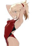  1girl absurdres adjusting_hair arched_back armpits arms_up artist_name blonde_hair braid breasts commentary covered_navel english_commentary expressionless fate/apocrypha fate_(series) from_side green_eyes hair_ornament hair_scrunchie half-closed_eyes half_up_braid highleg highleg_one-piece_swimsuit highres medium_breasts mordred_(fate) one-piece_swimsuit photo-referenced ponytail red_one-piece_swimsuit red_scrunchie revision scrunchie short_ponytail simple_background solo swimsuit thighs v-shaped_eyebrows wade_0w0 white_background 