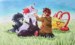  1boy alternate_color animal_ear_fluff artist_self-insert black_fur blue_sky brown_hair brown_hoodie commentary day delphox english_commentary ferrothorn furfrou grass heart highres hood hoodie kneeling multicolored_fur open_clothes outdoors pokemon pokemon_(creature) purple_fur red_eyes scratching_chin shiny_pokemon sky traditional_media unluckyxse7enart white_fur 