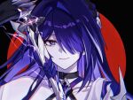  1girl acheron_(honkai:_star_rail) black_background blue_eyes chinese_commentary commentary_request hair_over_one_eye halterneck highres honkai:_star_rail honkai_(series) long_hair looking_at_viewer portrait purple_hair scabbard sheath shi_(caihoujin) single_bare_shoulder smile solo 