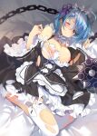  1girl ass_visible_through_thighs ball_and_chain_(weapon) bare_shoulders black_bow black_dress blue_eyes blue_hair blush bow breasts chain cleavage commentary detached_sleeves dress dress_bow dutch_angle foot_out_of_frame frilled_dress frilled_sleeves frills hair_ornament hair_ribbon hand_up highres kikistark large_breasts long_sleeves looking_at_viewer lying maid maid_headdress medium_hair nipples no_bra on_back on_bed one_eye_closed parted_lips purple_ribbon re:zero_kara_hajimeru_isekai_seikatsu rem_(re:zero) ribbon ribbon-trimmed_thighhighs ribbon_trim roswaal_mansion_maid_uniform solo spiked_ball_and_chain thighhighs thighs torn_clothes torn_dress torn_thighhighs weapon white_thighhighs wide_sleeves x_hair_ornament 