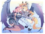  2girls animal_ears black_bow black_dress black_shrug black_thighhighs black_wings blonde_hair blush bow breasts chinese_commentary cleavage closed_eyes commentary_request dress feathered_wings from_side full_body hair_bow hair_intakes hair_ornament hair_over_one_eye hairband hand_on_another's_shoulder hand_on_another's_waist high_heels high_ponytail highres horse_ears horse_girl horse_tail horseshoe kneeling large_breasts long_hair low_wings medium_hair multiple_girls official_alternate_costume one_eye_covered pink_hair pointy_ears ponytail purple_nails red_nails reflection remielle_dan remielle_dan_(moonlight_whispers) sanjinpaofu short_dress shrug_(clothing) sigrid_de_l'azur smile squatting tail thighhighs tongue tongue_out vambraces wings zenless_zone_zero 