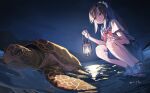  1girl absurdres bare_arms bare_legs black_hair black_sailor_collar black_skirt commentary_request full_body highres holding_lamp kerosene_lamp long_hair neckerchief night open_mouth original pleated_skirt ponytail red_neckerchief sailor_collar sandals shiroyo_(shiromeahi) shirt skirt sky solo squatting turtle water white_shirt 