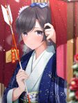  1girl adjusting_hair arrow_(projectile) bangs blue_kimono blurry blurry_foreground bow brown_hair closed_mouth eyebrows_visible_through_hair fed_(giba) hair_bow happy_new_year highres holding holding_arrow japanese_clothes kimono light_smile looking_at_viewer new_year obi original purple_eyes sash snow swept_bangs upper_body 