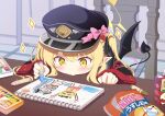  1girl :3 apple_juice bikini black_hat black_horns black_ribbon black_tail black_wings blonde_hair blue_archive blush bow chair child child's_drawing commentary crayon crayon_drawing demon_girl demon_horns demon_tail demon_wings drawing_(action) drawing_(object) gobaara3 grey_hair hair_ribbon halo hand_on_table hat head_on_table heart_ornament holding holding_crayon horns ibuki_(blue_archive) ibuki_(swimsuit)_(blue_archive) indoors juice long_hair long_sleeves looking_at_object makoto_(blue_archive) makoto_(swimsuit)_(blue_archive) military_hat one-piece_swimsuit pink_bow pink_one-piece_swimsuit pointy_ears ribbon side_ponytail snack solo sparkle swimsuit tail white_bikini wings yellow_eyes yellow_halo 