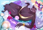  1girl alternate_breast_size_(larger) areola_slip ball bangle beachball bikini blush bottomless bracelet breasts dark-skinned_female dark_skin english_commentary flower foreshortening hair_flower hair_ornament hat huge_breasts innertube jacinthe_(pokemon) jewelry lips long_hair looking_at_viewer lying nail_polish on_back on_innertube pink_flower pokemon pokemon_legends:_z-a purple_eyes purple_hair purple_nails shiny_skin smile soaking_feet solo starfish sumisumii sun_hat swim_ring swimsuit thighs untied_bikini_top very_dark_skin very_long_hair water 