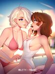  2girls audi_(tsuaii) bangs bikini blue_eyes blurry blurry_background breasts brooke_(mathias_leth) brown_hair collaboration english_commentary freckles hair_over_one_eye highres long_hair looking_at_another mathias_leth medium_breasts multiple_girls one-piece_swimsuit original outdoors parted_lips platinum_blonde_hair red_bikini swimsuit tsuaii white_swimsuit yuri 