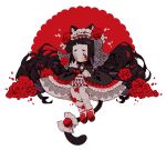 1girl accurate_lolita_coord animal_ears ankle_socks ankle_strap bell black_bow black_choker black_dress black_eyes black_hair black_nails blush bow cat_ears cat_girl cat_tail choker closed_mouth commentary cross cross-laced_clothes cross-laced_legwear dress dress_flower english_commentary extra_eyes falling_petals floating floating_hair flower frilled_choker frilled_dress frilled_hairband frilled_sleeves frilled_socks frills gothic_lolita hair_bow hair_flower hair_ornament hairband heterochromia highres jingle_bell lace lace_trim layered_dress layered_sleeves leggings littlebluemuffin lolita_fashion lolita_hairband long_hair long_sleeves original petals plant red_eyes red_flower red_rose red_shoes rose rose_petals see-through_clothes see-through_veil shoes short_eyebrows socks tail tail_garter thorns veil very_long_hair vines waist_bow wavy_hair white_background white_bow white_hairband white_leggings white_veil 