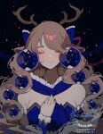  1girl animal_ears antlers bare_shoulders black_background blue_bow blue_gloves blue_ribbon blush bow breasts brown_hair christmas_ornaments closed_eyes closed_mouth deer_antlers deer_ears deer_girl detached_collar detached_sleeves dress fur-trimmed_collar fur-trimmed_sleeves fur_trim gloves hair_bow hair_ribbon highres horns littlebluemuffin long_hair long_sleeves medium_breasts original purple_ribbon ribbon single_detached_sleeve single_glove smile sparkle strapless strapless_dress upper_body very_long_hair watermark wavy_hair 