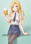  1girl alcohol anti_(untea9) beer beer_mug belt black_belt black_legwear black_neckwear black_skirt blonde_hair breasts cup dress_shirt eyebrows_visible_through_hair gradient gradient_background green_background grey_eyes highres hornet_(kancolle) kantai_collection large_breasts long_hair mug necktie open_mouth pantyhose pencil_skirt shadow shirt sitting skirt sleeveless sleeveless_shirt smile solo white_shirt 