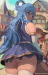  2girls animal aqua_(konosuba) ass back baguette bangs bare_shoulders blue_dress blue_eyes blue_hair blue_sky blush bottle bread breasts building day detached_sleeves dress eyebrows_visible_through_hair facing_away fantasy food food_stand from_behind hair_ornament hair_rings holding kono_subarashii_sekai_ni_shukufuku_wo! large_breasts long_hair looking_away looking_back megumin mirai_hikari multiple_girls no_panties open_mouth outdoors patreon_username pennant short_dress skirt sky sleeveless sleeveless_dress smile solo_focus standing string_of_flags thighhighs town very_long_hair web_address white_legwear 