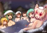  6+girls animal_ear_fluff bathing black_hair blonde_hair blush breast_envy breasts brown_eyes brown_hair commentary_request completely_nude dated fang green_eyes green_hair grey_hair hair_bobbles hair_ornament highres himekaidou_hatate inubashiri_momiji kawashiro_nitori kochiya_sanae large_breasts leaf long_hair looking_at_another looking_at_viewer looking_to_the_side maple_leaf medium_breasts moriya_suwako multiple_girls night nude onsen open_mouth otomen_maru-no-uchi outdoors pointy_ears purple_sky red_eyes shameimaru_aya short_hair signature sky small_breasts smile steam touhou towel towel_on_head upper_body waving yellow_eyes 