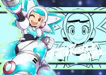  1girl :d ;d absurdres android arm_up armor black_bodysuit blue_hair blue_helmet bodysuit boots breastplate character_name clenched_hand closed_mouth commentary drop_shadow english_commentary gloves happy helmet highres looking_at_viewer mega_man:_dual_override mega_man_(classic) mega_man_(series) multiple_views one_eye_closed outstretched_arm red_eyes robot_ears short_hair shoutaro_saito smile teeth twinkle_girl two-tone_helmet upper_teeth_only white_armor white_boots white_gloves white_helmet 