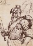  1boy armor beard boris_toddbringer cape darkos_art dated empire_(warhammer_fantasy) eyepatch facial_hair feathered_helmet fur_cape gauntlets helmet highres holding holding_sword holding_weapon long_beard long_sleeves mustache one-eyed open_mouth pauldrons sash scabbard sheath shoulder_armor solo sword traditional_media upper_body warhammer_fantasy weapon 