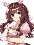  1girl animal_ears blush breasts brown_hair brown_tail ceceno closed_mouth commentary_request dress ear_covers gentildonna_(la_dama_perfetta)_(umamusume) gentildonna_(umamusume) gloves gold_tiara highres horse_ears horse_girl horse_tail jewelry large_breasts long_hair looking_at_viewer necklace official_alternate_costume pink_dress puffy_short_sleeves puffy_sleeves red_eyes short_sleeves smile solo tail tiara umamusume white_gloves 