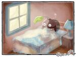  bedroom closed_eyes commentary_request creature creature_focus highres indoors lamp leaf leaf_on_head no_humans on_bed period2 pikmin_(creature) pikmin_(series) rock_pikmin sleeping solo twitter_username window 