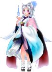  1girl :3 :d absurdres animal_ear_fluff animal_ears black_sandals black_sash blue_kimono edomura_niniko fox_ears fox_girl fox_tail full_body gradient_clothes gradient_kimono grey_hair highres hitodama japanese_clothes kimono long_hair long_sleeves looking_at_viewer nhk_(voiceroid) obi official_art okobo open_mouth parted_bangs pink_eyes platform_sandals ponytail sandals sash simple_background smile socks solo standing tabi tail touhoku_itako transparent_background very_long_hair voiceroid white_kimono white_socks wide_sleeves 