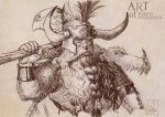  1boy armor axe beard braid braided_beard chainmail darkos_art dated dinosaur_skull dwarf facial_hair fake_horns helmet highres holding holding_axe horned_helmet horns long_beard mustache plume short_sleeves solo traditional_media ungrim_ironfist upper_body very_long_beard warhammer_fantasy weapon wrist_guards 