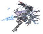  1girl absurdres arknights arknights:_endfield bare_shoulders black_gloves black_horns bow_(weapon) breasts commentary detached_sleeves drill_hair energy_arrow framed_breasts full_body gloves hairband highres holding holding_bow_(weapon) holding_weapon horns huge_weapon jis_3535 long_hair long_sleeves medium_breasts parted_lips purple_eyes purple_hair simple_background solo tail thighhighs twin_drills typhoeus_(arknights) typhon_(arknights) weapon white_background 
