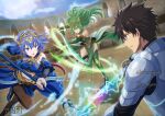  1boy 2girls alternate_costume armor asukamama89 bare_shoulders battle black_hair black_thighhighs blue_bra blue_cloak blue_dress blue_eyes blue_hair blue_shoes blue_skirt blue_sky bra bracelet breasts brown_hair cloak cloud colosseum commentary_request commission crossover crown dress earrings electricity energy_sword fantasy fate/grand_order fate_(series) fighting_stance flexing frown fujimaru_ritsuka_(male) full_body gold_bracelet gold_crown green_dress green_eyes green_hair green_shoes green_skirt hair_between_eyes highres holding holding_polearm holding_sword holding_weapon jewelry katana knight long_hair looking_at_viewer medium_breasts misery_(tensura) multiple_girls navel polearm rain_(tensura) rainbow_aura serious shoes short_hair silver_armor skeb_commission skirt sky spear standing standing_on_one_leg sword tensei_shitara_slime_datta_ken thighhighs thighs underwear warrior water weapon 