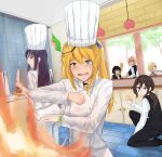  6+girls absurdres black_pants black_vest blonde_hair blue_eyes brown_hair chef chef_hat commentary cooking crying english_commentary fire hat highres holding holding_knife knife long_hair multiple_girls on_one_knee open_mouth original pants ponytail purple_hair red-eye_effect shirt tetsuffy_(tetsulul) vest white_hat white_pants white_shirt 